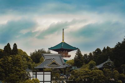 Low angle view of pagoda against sky