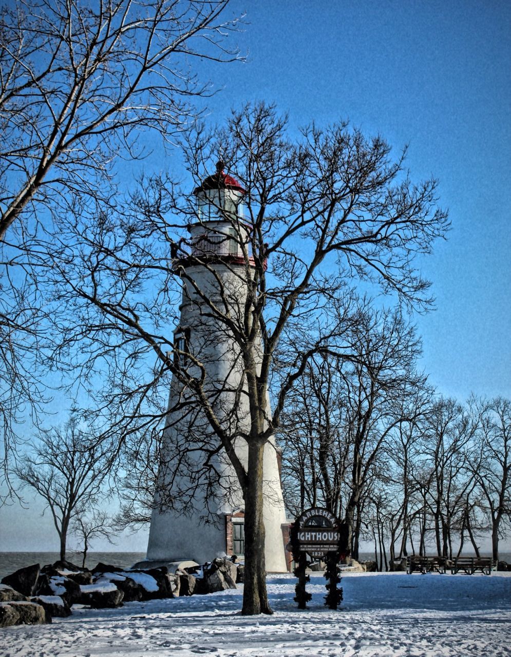 bare tree, tree, winter, snow, cold temperature, branch, clear sky, lifestyles, season, men, built structure, building exterior, leisure activity, architecture, water, nature, tranquility, lake