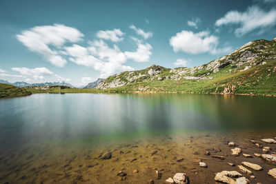 Scenic view of lake and mountains against sky