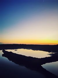 Scenic view of lake against clear sky during sunset