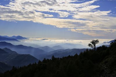 Scenic view of silhouette mountains against sky