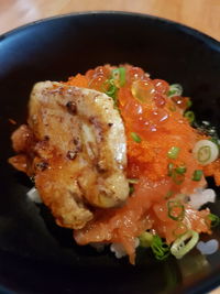 High angle view of meat in bowl