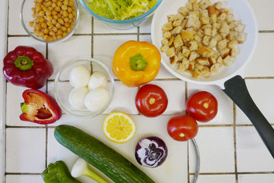 High angle view of ingredients on kitchen counter