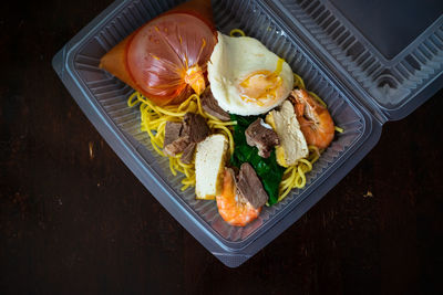 High angle view of food in plate on table