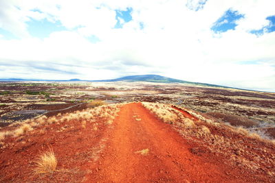 Scenic view of road amidst field against sky