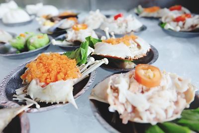 Close-up of food served on table