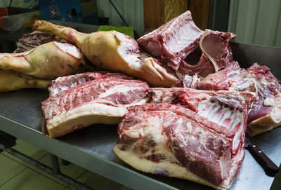 High angle view of meat in butcher shop