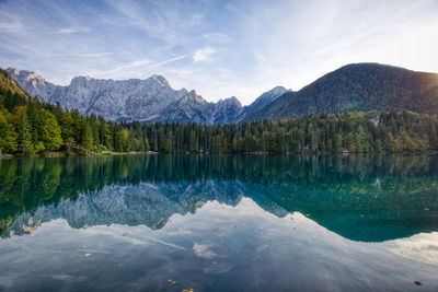 Scenic view of lake and mountains against sky