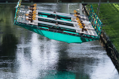 High angle view of boat moored in river