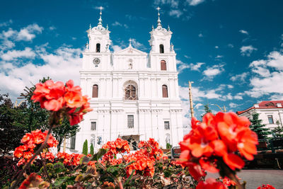 Low angle view of trees and church against sky