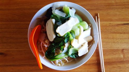 High angle view of salad in bowl on table