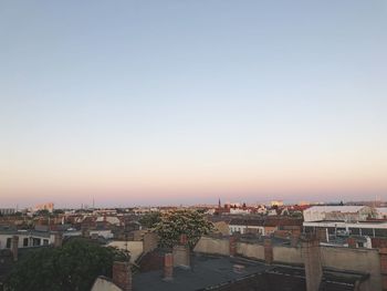 High angle shot of townscape against clear sky