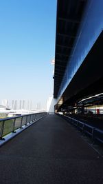 Surface level of suspension bridge against clear blue sky