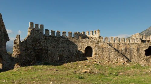 Low angle view of old ruins against clear sky