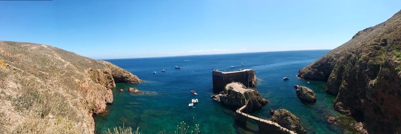 Panoramic view of sea and mountains against clear blue sky