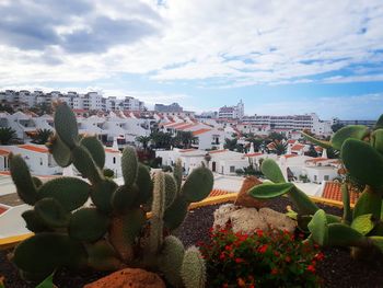 High angle view of townscape and buildings against sky