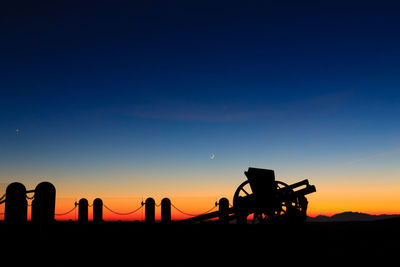 Silhouette people on land against clear sky at sunset