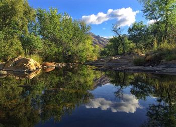 Scenic view of lake against cloudy sky