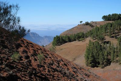 Scenic view of mountains against clear blue sky