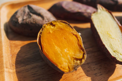 Close-up of sweet potato on tray