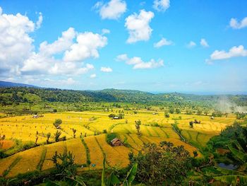 High angle view of field against sky