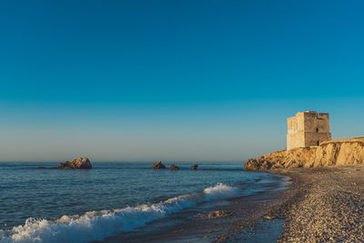 Scenic view of sea against clear blue sky