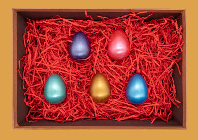 High angle view of eggs in container