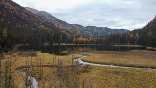 Scenic view of lake and mountains against sky