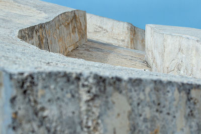 Low angle view of wall against clear blue sky