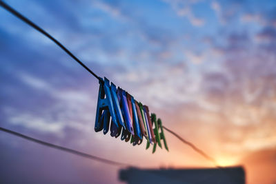 View of clothespins hanging on the wire