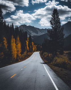 Empty road amidst trees against cloudy sky