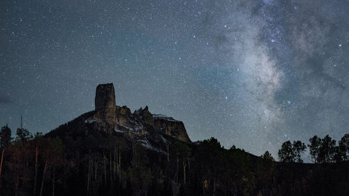 This is the picture of chimney rock wth milk way in colorado during autumn.