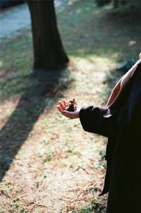 Close-up of hand holding flower against tree trunk