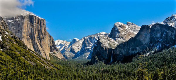 Panoramic view of snowcapped mountains against clear sky