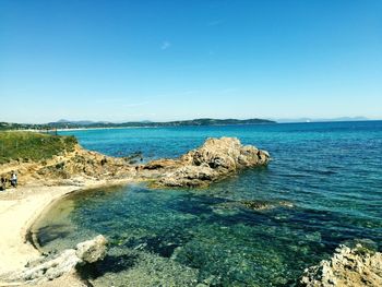 Scenic view of sea against clear blue sky