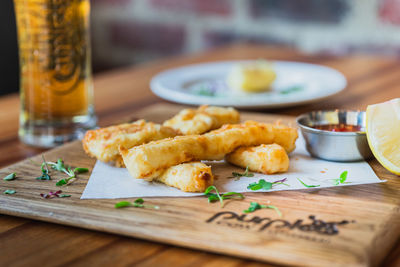 Close-up of food served on table