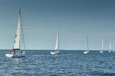 Sailboats sailing in sea against sky