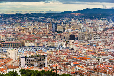 High angle shot of townscape against sky