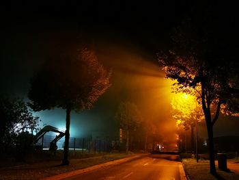 Illuminated road by trees against sky at night
