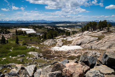 Scenic view of river by mountains against sky