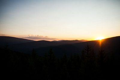 Scenic view of mountains against clear sky during sunset
