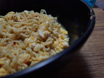 High angle view of noodles in bowl on table