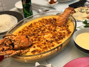 High angle view of food served on table