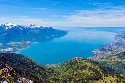 Scenic view of sea and mountains against blue sky