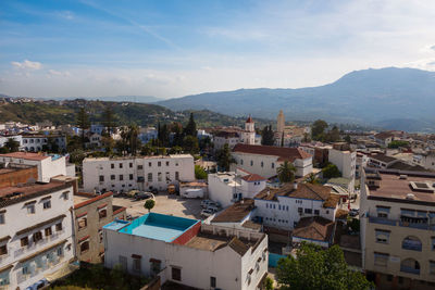 High angle view of town against sky