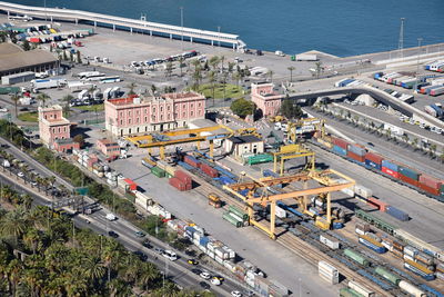 High angle view of road by sea in city