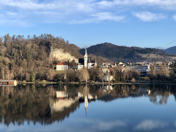 Reflection of trees and buildings in lake against sky