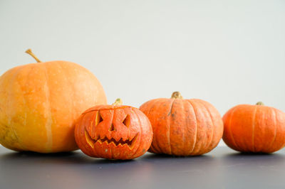 Close-up of pumpkins against white background