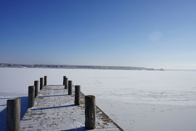 Wooden posts on beach against clear sky