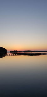 Scenic view of lake against clear sky during sunset